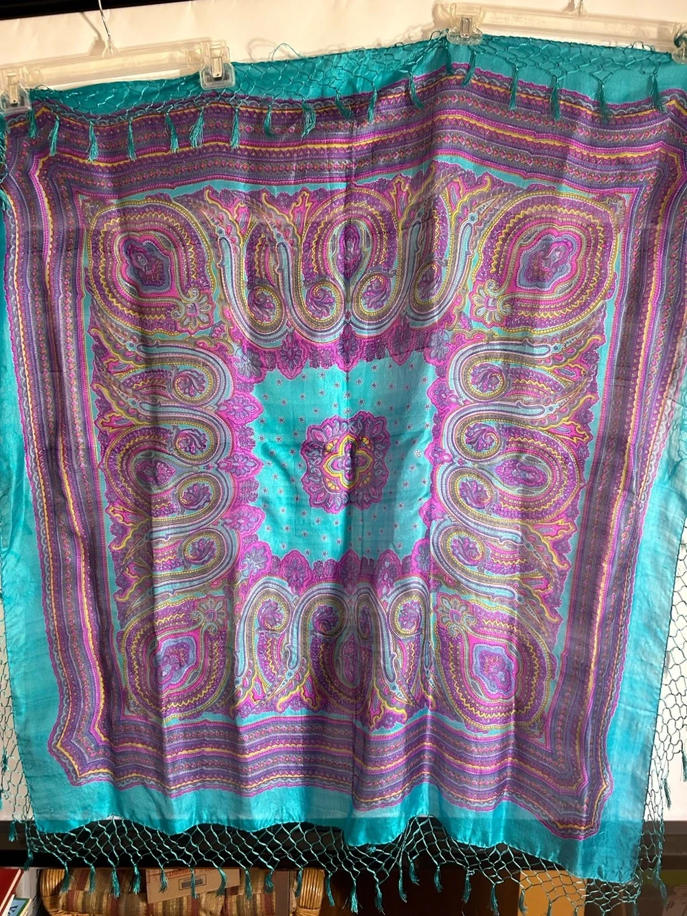 SILK INDIA MADE LARGE PURPLE/TEAL TURQUOISE PAISLEY WITH TASSEL FRINGE SCARF O/S